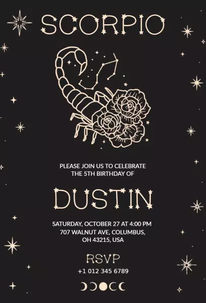 Scorpio Zodiac Theme 5th Birthday Celebration Invitation Template
