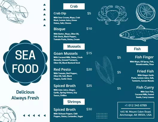 Seafood Delights Menu with Fresh Crab and Shrimp Brochure Template