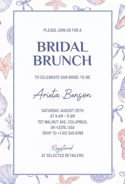Seashell Theme Bridal Brunch Celebration Invitation Template
