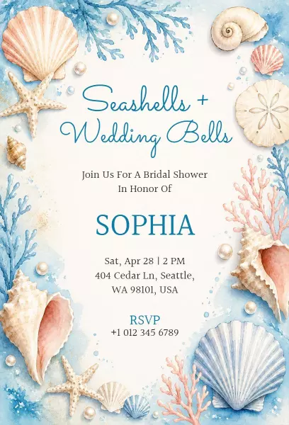 Seashells Beach Themed Elegant Bridal Shower Invitation Template