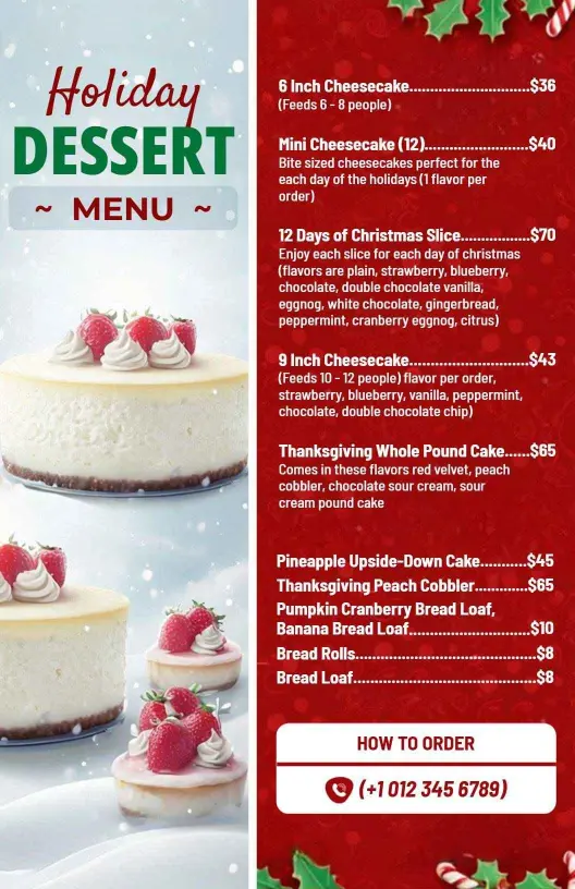 Seasonal Red and Green Themed Holiday Dessert Menu Template