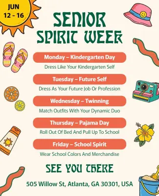 Senior Spirit Week Event Schedule Poster Template