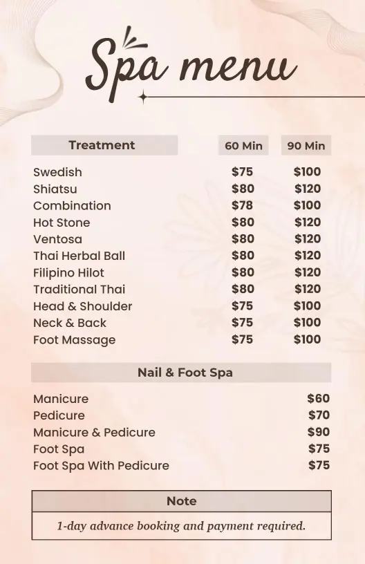 Serene Beige-Themed Massage and Foot Spa Menu Template