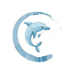 Serene Blue Dolphin Swimming in a Watercolor Circle Logo Template