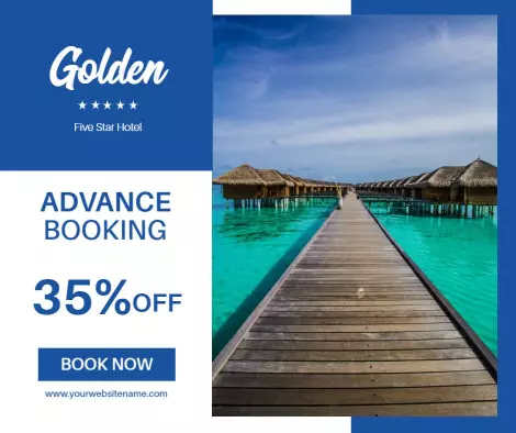 Serene Blue Luxury Hotel Booking Promotion with Discount Ad Template