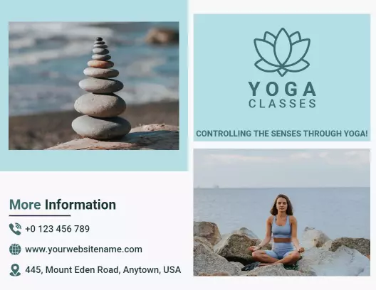 Serene Blue Yoga Classes Features and Packages Brochure Template