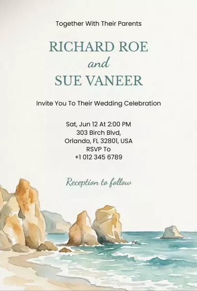 Serene Coastal Bliss Beach Wedding Celebration Invitation Template