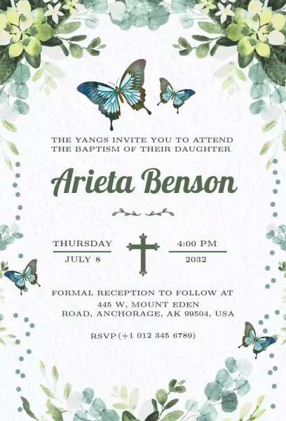 Serene Floral Butterfly Baptism Celebration Invitation Template