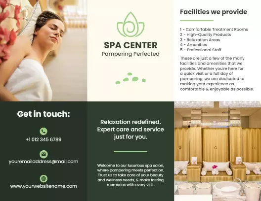 Serene Green Spa Center Relaxation and Pampering Brochure Template