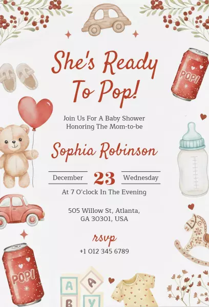 She's Ready To Pop Baby Shower Celebration Invitation Template