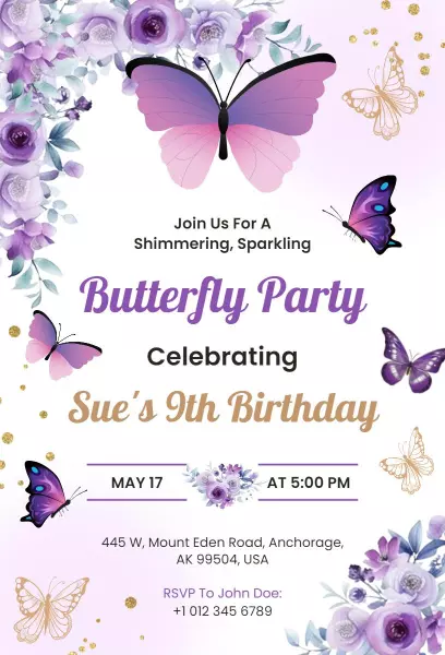 Shimmering Butterfly Theme 9th Birthday Celebration Invitation Template