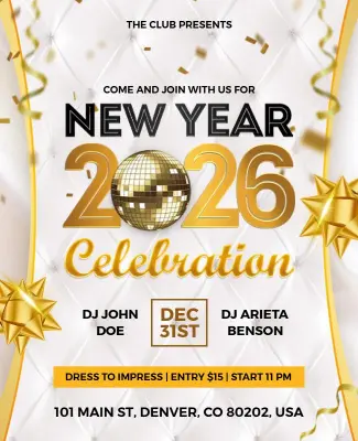 Shimmering Gold New Year Disco Ball Celebration Flyer Template