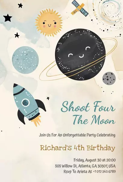 Shoot for the Moon Space Birthday Celebration Invitation Template