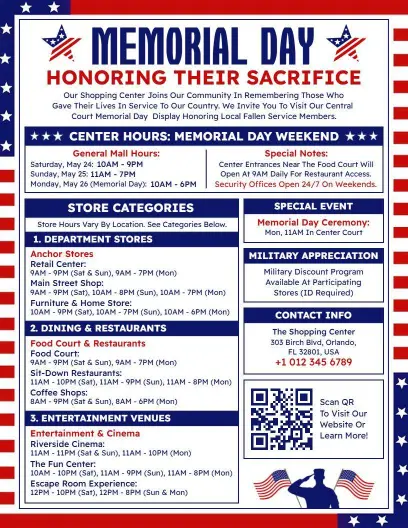 Shopping Center Memorial Day Hours Flyer Template