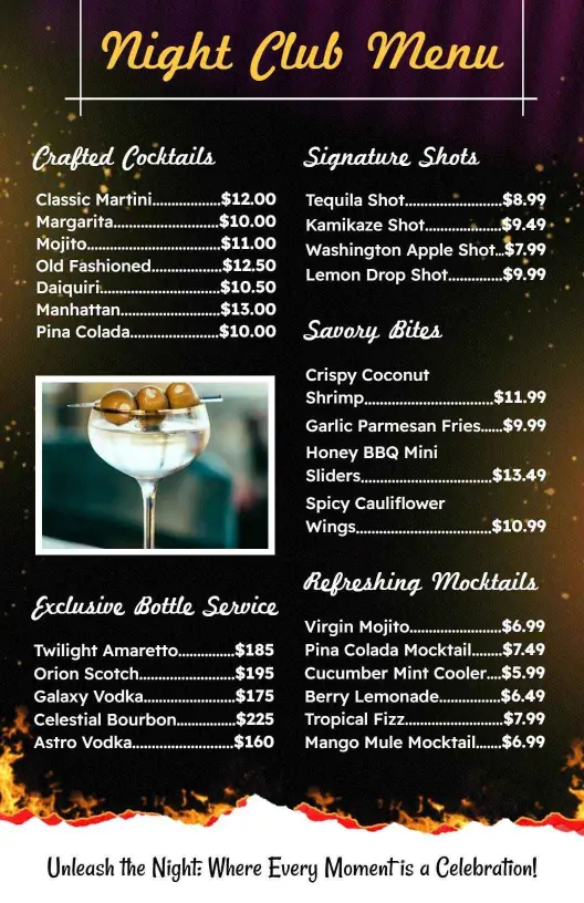 Signature Cocktails and Shots with Tasty Bites Bar Menu Template