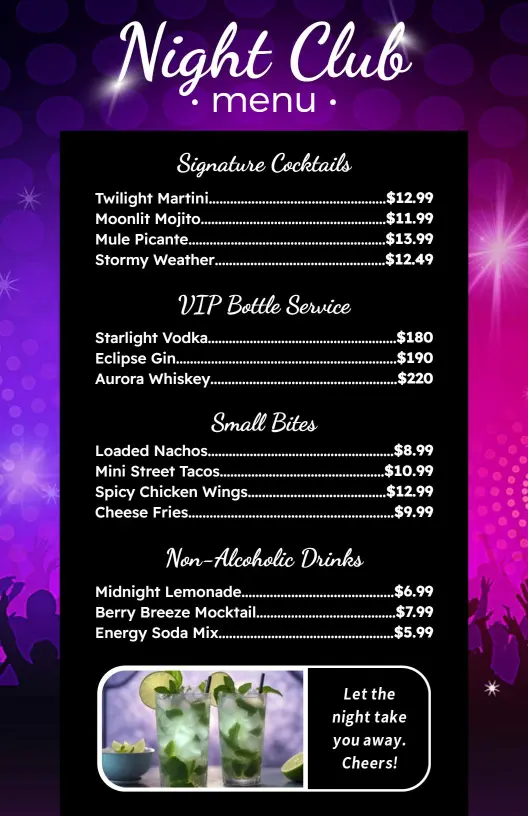 Signature Cocktails and Small Bites for an Exciting Bar Menu Template