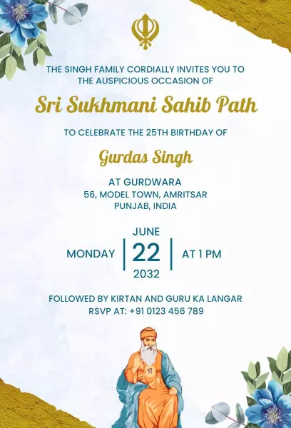 Sikh Gurdwara Sri Sukhmani Sahib Path Ceremony Invitation Template