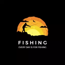 Silhouette of Angler Against Vibrant Sunset Fishing Logo Template