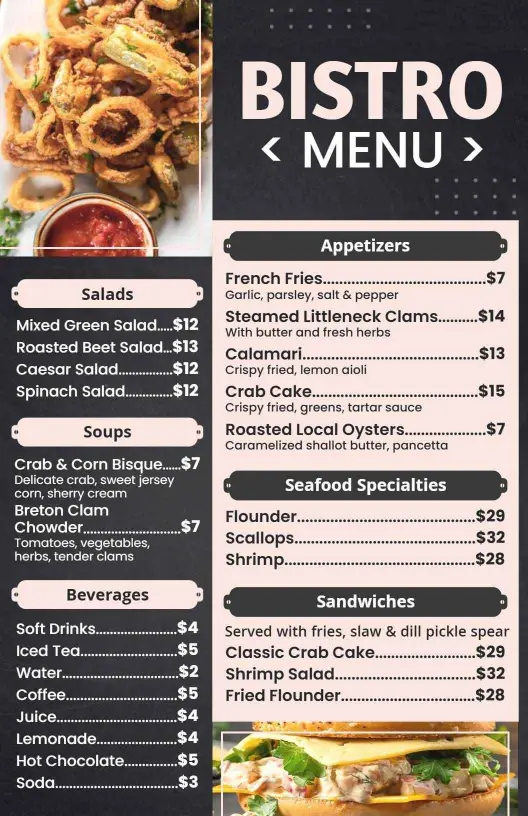 Simple Black and Pink Seafood Bistro Menu Template