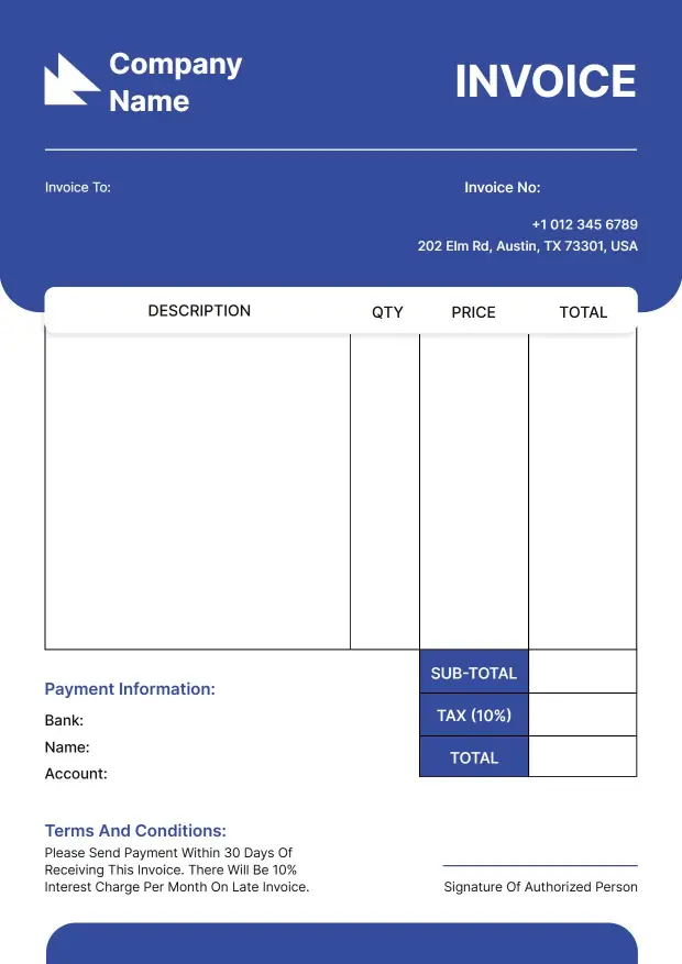 Simple Corporate Service Tax Billing Blank Invoice Template