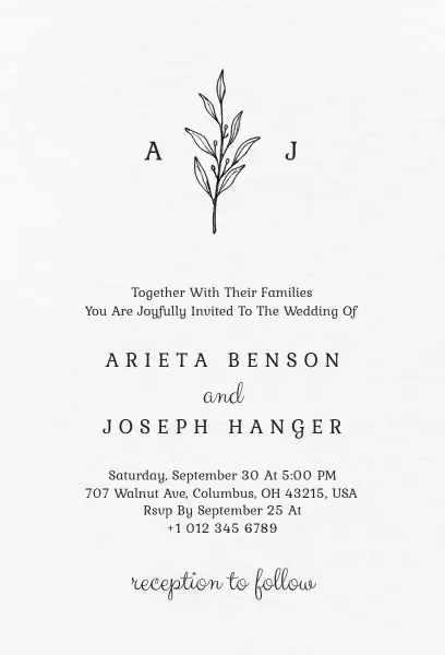 Simple Floral Minimalist Wedding Ceremony Invitation Template
