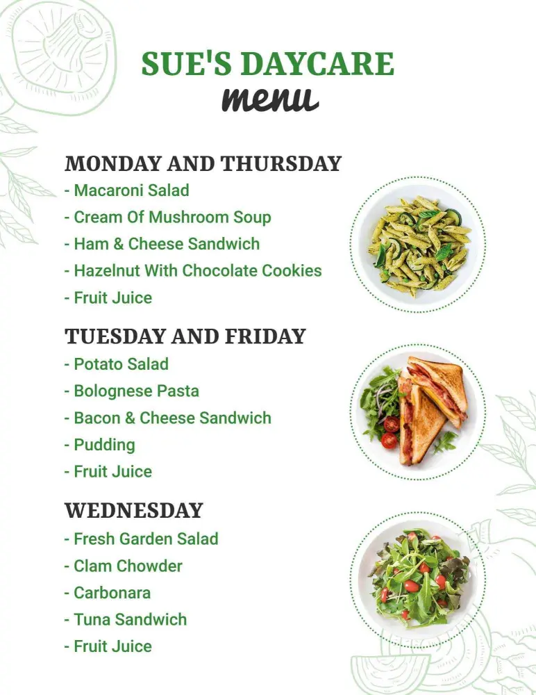 Simple Green Accent Daycare Food Schedule Menu Template