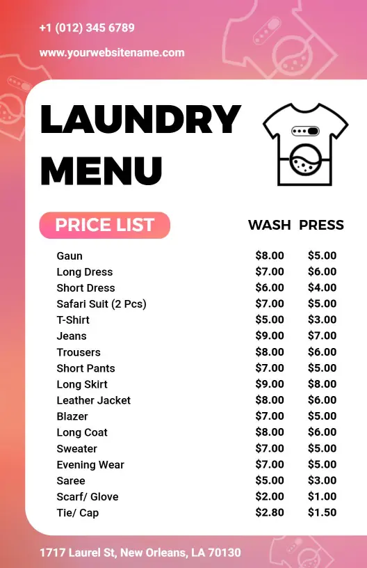 Simple Laundry and Press Services Pricing Menu Template