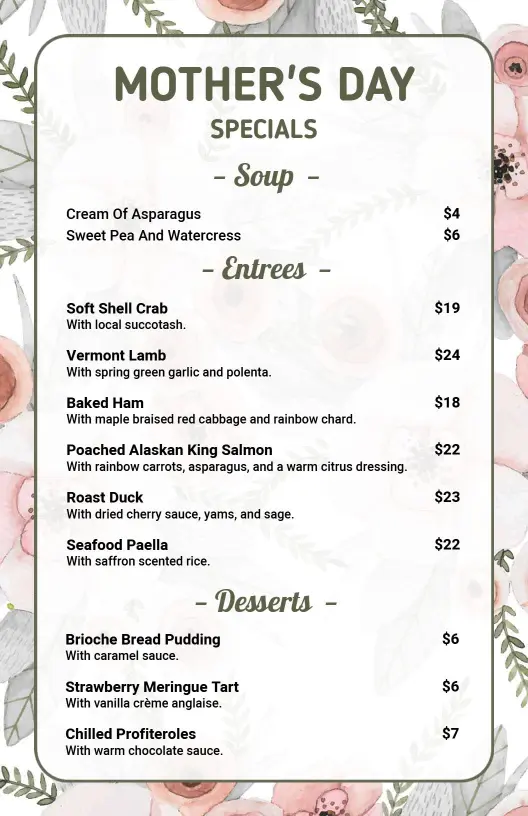 Simple Mother's Day Special Menu Template