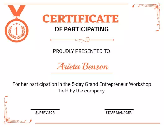Simple Orange Award for Participation in Business Workshop Certificate Template
