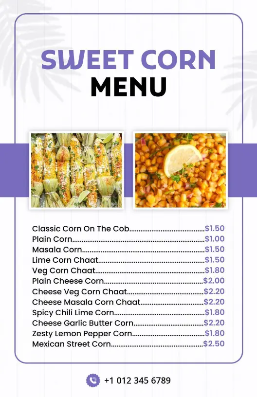 Simple Purple and White Sweet Corn Dish Menu Template