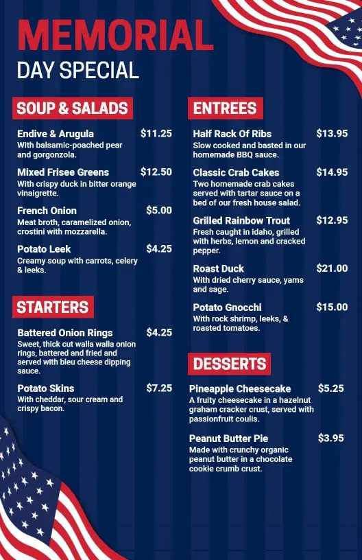 Sizzling Grilled Entrees and Refreshing Salads Memorial Day Menu Template