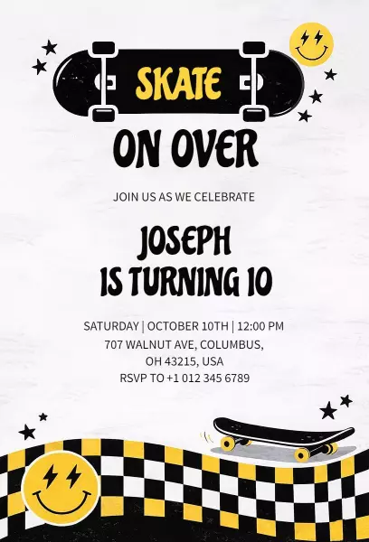 Skateboard Adventure 10th Birthday Celebration Invitation Template