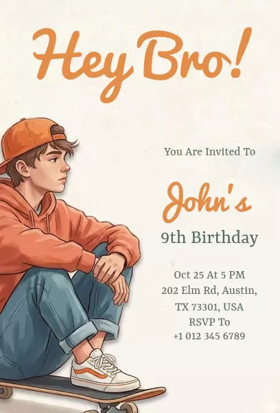 Skateboarder Theme Fun Kids Birthday Celebration Invitation Template
