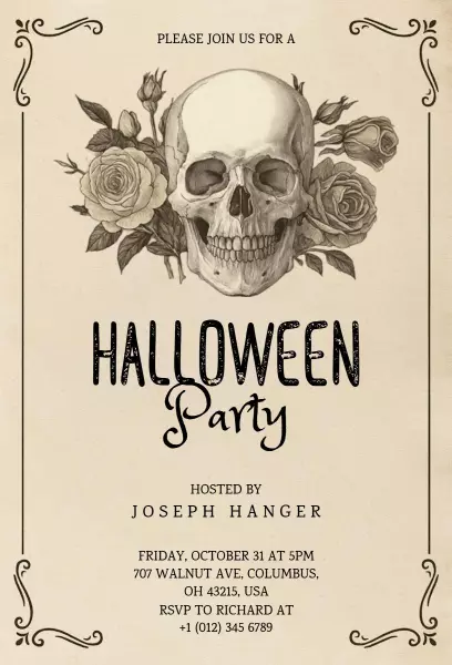 Skull Floral Elegant Halloween Costume Party Invitation Template