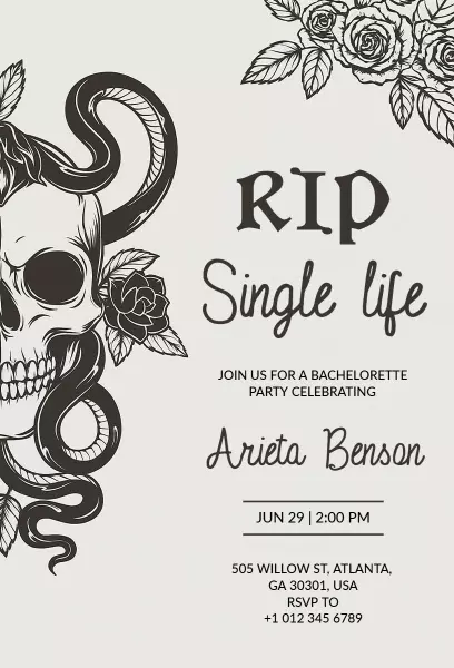 Skull Roses Edgy Bachelorette Party Celebration Invitation Template