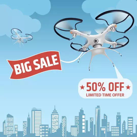 Sky Blue Drone Promotional Sale with 50% Off Ad Template