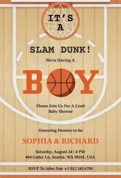 Slam Dunk Basketball Themed Baby Shower Celebration Invitation Template