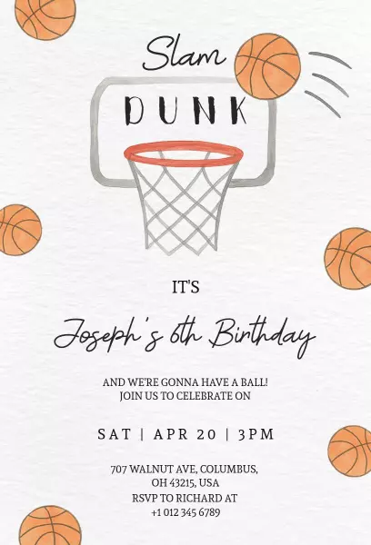 Slam Dunk Basketball Themed Birthday Celebration Invitation Template