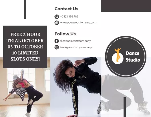 Sleek Black and White Dance Studio Trial Offer Brochure Template