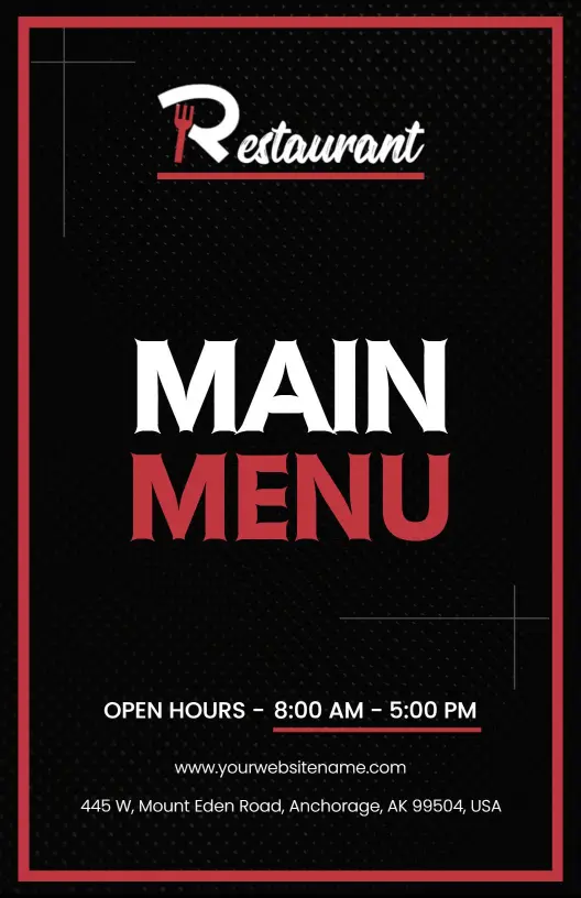 Sleek Black Appetizer and Entrée Restaurant Menu Template