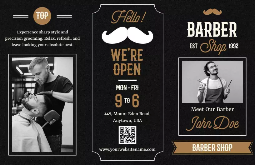 Sleek Black Barber Shop Services Tri Fold Brochure Template