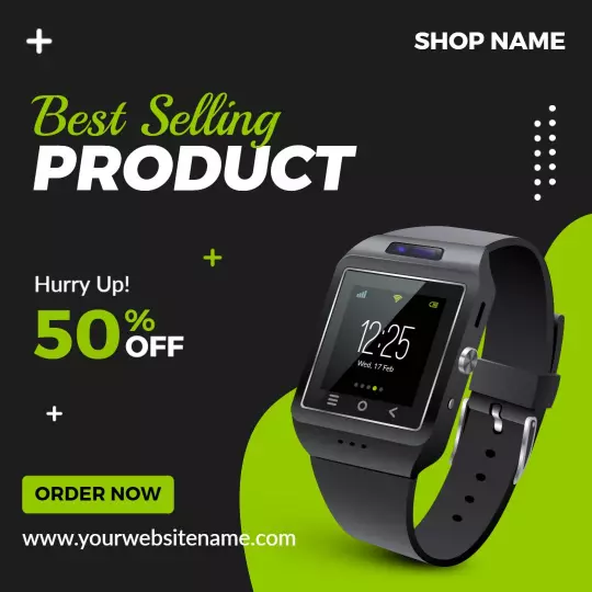Sleek Black Smartwatch with Discount Offer for Electronics Ad Template