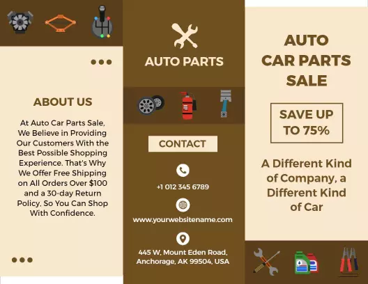 Sleek Brown Auto Parts Sale Discount Brochure Template
