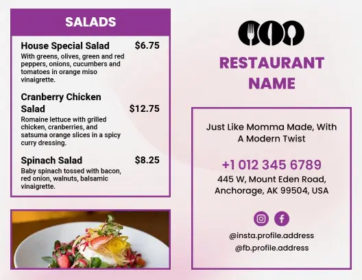 Sleek Purple Design Casual Restaurant Bi-Fold Menu Template