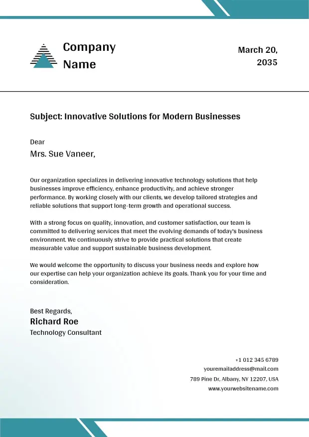 Sleek Teal and White Corporate Letterhead Template