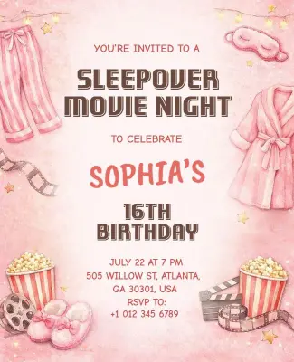 Sleepover Movie Night 16th Birthday Celebration Flyer Template