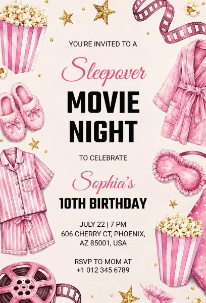 Sleepover Movie Night Birthday Celebration Invitation Template