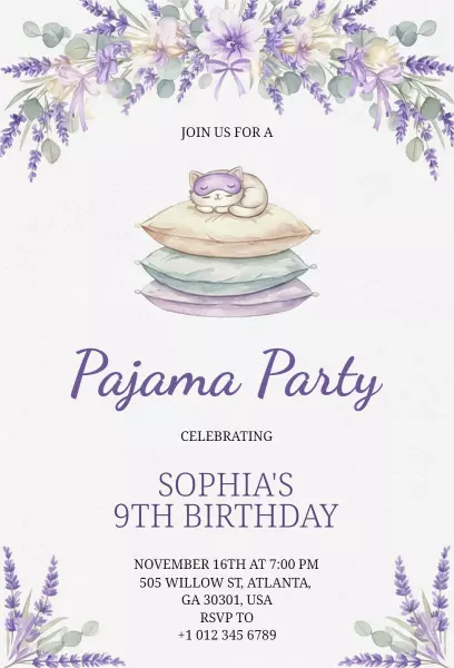 Sleepy Cat Purple Pajama Party Birthday Invitation Template