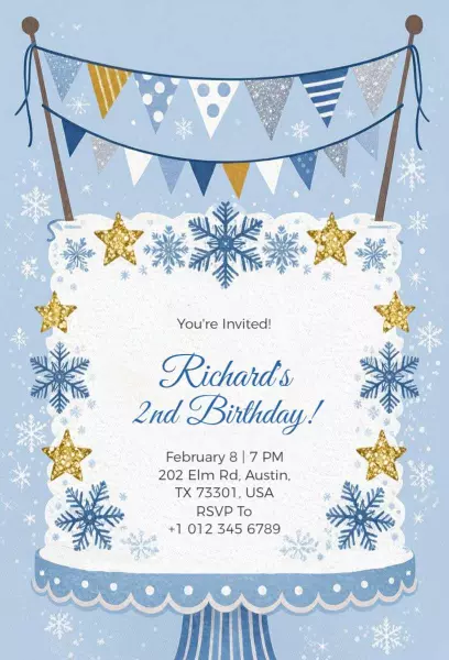 Snowy Blue Winter Wonderland 2nd Birthday Invitation Template