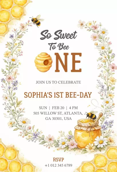 So Sweet Bee-Themed 1st Birthday Celebration Invitation Template